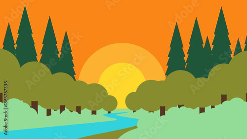 Serene landscape with trees and river at sunset.
