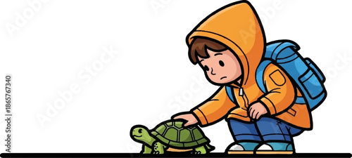 Young child wearing a hooded jacket and backpack gently touches a tortoise