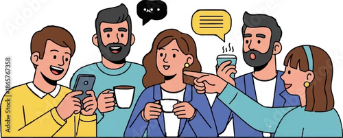 Diverse group of colleagues enjoying coffee and conversation in a casual office setting