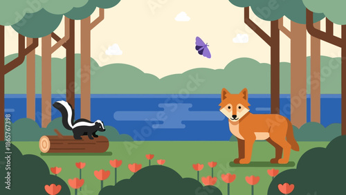Illustration of a fox and skunk in a forest near a lake.