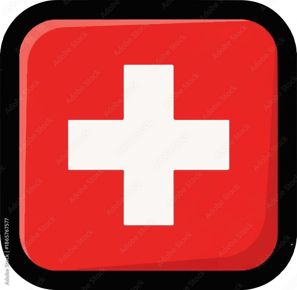 Obraz premium Red square with white cross, rounded corners, black outline