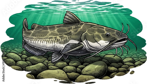 A detailed illustration of a large catfish swimming over a rocky riverbed in clear green water