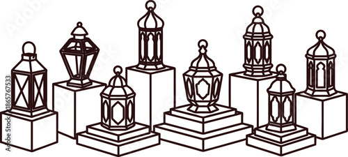 seven lanterns on pedestals in a row with different designs and shapes standing alone