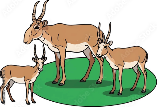 Three stylized saiga antelopes with large noses and curved horns stand on a green grassy field