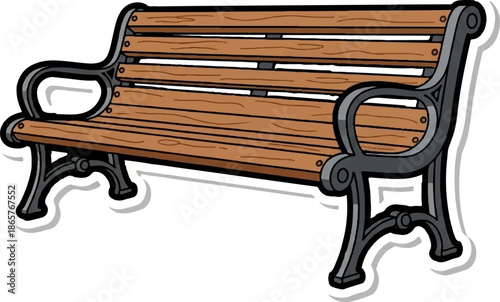 A classic wooden park bench with ornate cast iron legs, isolated on white