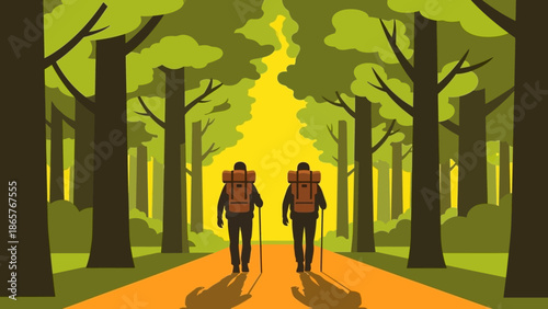 Two hikers walking on a forest path with backpacks and trekking poles.
