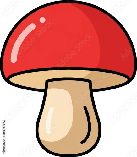A simple cartoon drawing of a red mushroom with a tan stem and gills