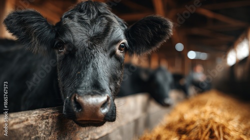 Close-up of a black cow looking directly at the camera inside a rustic wooden barn