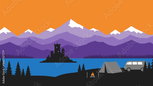 Camping Scene with Castle Island and Mountains at Sunset.