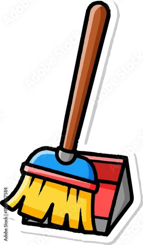 A cartoon broom and dustpan in bright colors