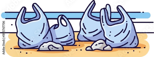 Light blue plastic bags with handles on a sandy surface near water