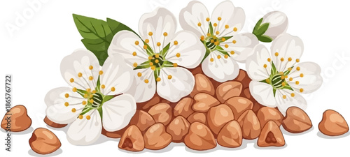 Delicate white blossoms and a pile of buckwheat grains, with green leaves