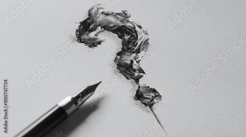 Ink question mark and a pen. The image evokes a sense of thought and introspection.