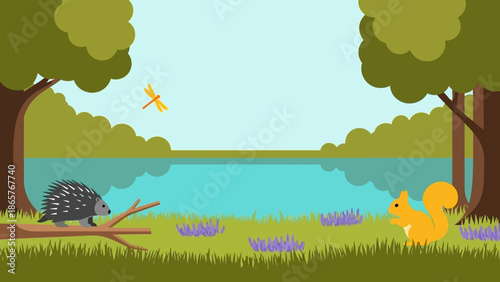 Serene forest landscape with hedgehog and squirrel by the lake.