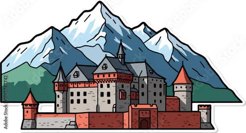 Majestic fortress nestled beneath snow-capped peaks