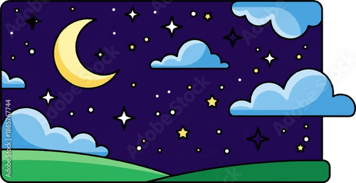 A crescent moon shines over rolling green hills under a star-filled night sky with clouds