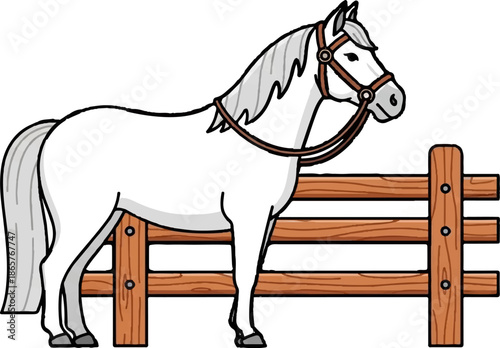 A white horse with gray mane and tail stands beside a wooden fence