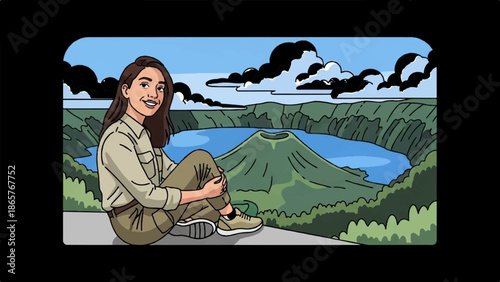 Young woman in adventure outfit posing by a scenic volcanic lake under a cloudy sky