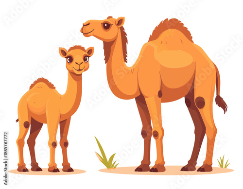 Two Pixel Art Camels A Mother and Child Standing Together on a Sandy Dune