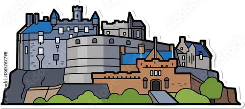 Stylized illustration of a stone castle on a rocky outcrop with greenery