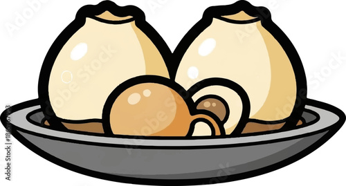 Two plump dumplings in a gray bowl, with a smaller dumpling nestled in front