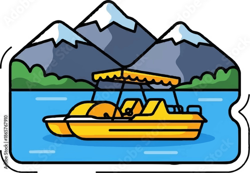 A yellow pedal boat glides across a blue lake, framed by green hills and snow-capped mountains