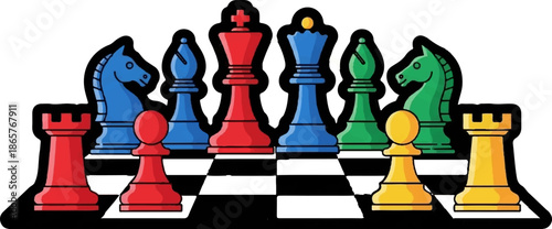Colorful chess pieces on a board, showcasing strategy and game play