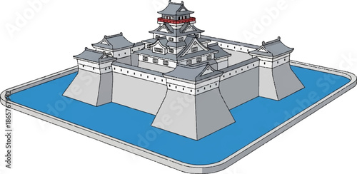 Stylized illustration of a traditional Japanese castle, with grey tiered roofs, white walls, and a blue moat