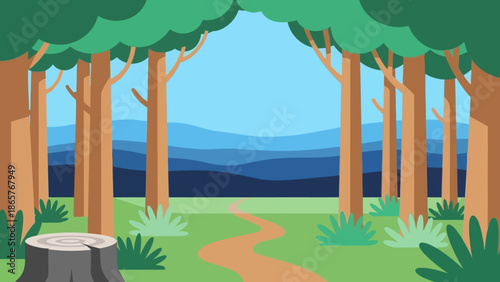 Serene forest landscape with trees and winding path.