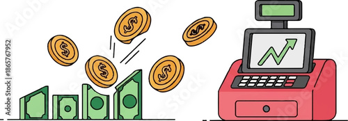 Stylized cash register displays a rising graph, near falling coins and rising banknotes