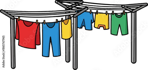 Colorful clothing hangs on a drying rack outdoors