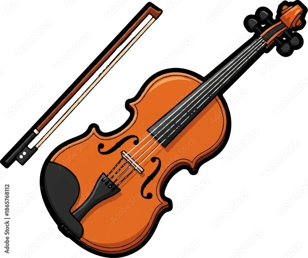 Fototapeta premium A cartoon-style illustration of an orange violin and bow, presented on a white background