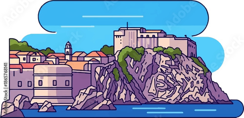 Coastal fortress city with ancient stone buildings and fortifications on rocky cliffs by the sea