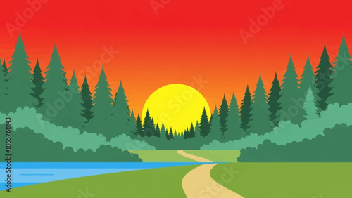 Serene landscape with a winding path at sunset.