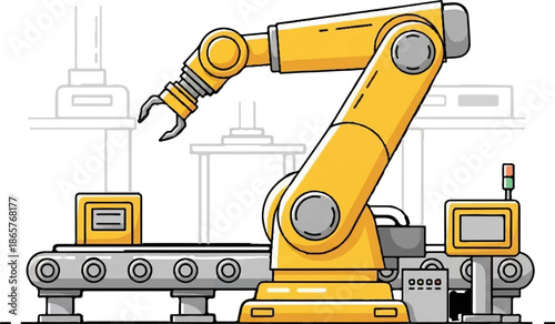 Automated robotic arm operating on a conveyor belt with a control panel