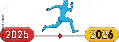 A blue figure is running from the year 2025 to 2026, symbolizing progress