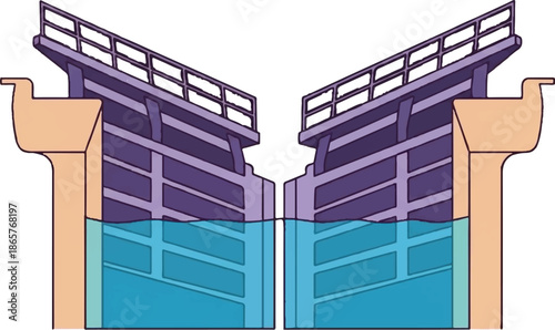 Stylized illustration of a canal lock gate system with water