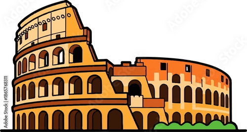 A cartoon illustration of a historical Roman amphitheater with arched structures
