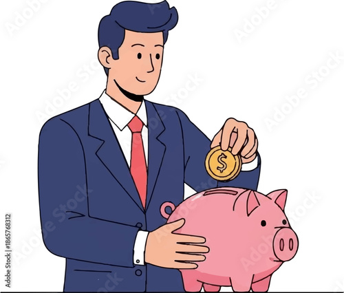 A man in a blue suit deposits a dollar coin into a pink piggy bank, suggesting saving