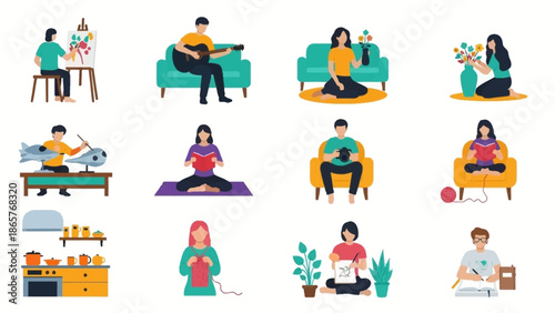 Collection of people engaging in various leisure activities at home.