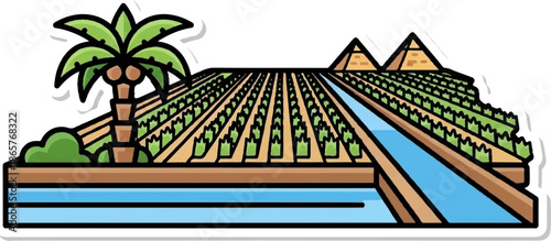 Stylized depiction of a fertile river valley with triangular structures and a palm tree