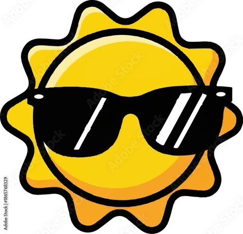 Happy sun with sunglasses, radiating warmth and coolness