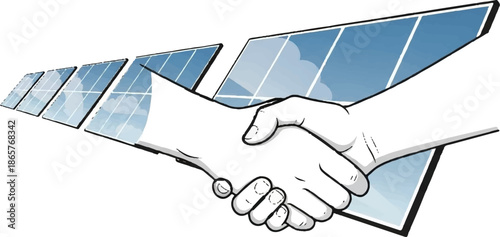 Two hands shake in agreement against a backdrop of solar panels
