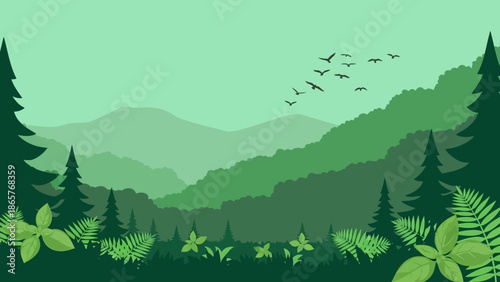 Serene forest landscape with layered mountains and foliage.