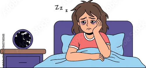 Tired person with dark circles under eyes sits in bed, pillow under head, clock bedside