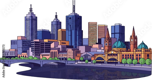 Stylized city skyline with tall buildings and historical architecture reflected in water