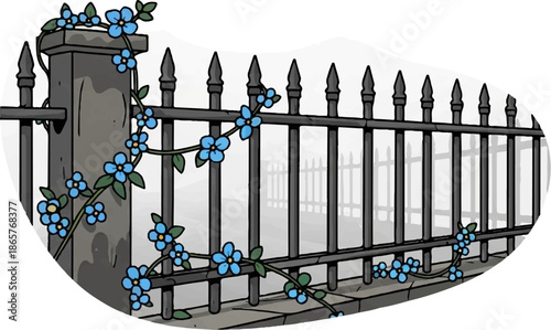Forget-me-nots climb a decorative wrought iron fence with sharp points