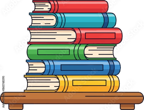 Stack of colorful hardcover books on a wooden shelf, inviting knowledge
