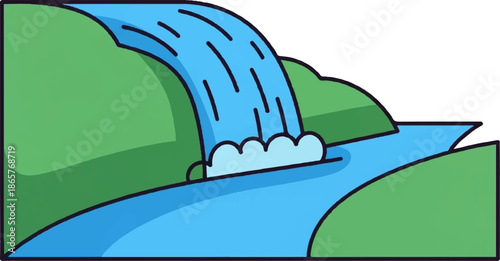 A simplified illustration of a waterfall cascading into a flowing river, with lush green hills
