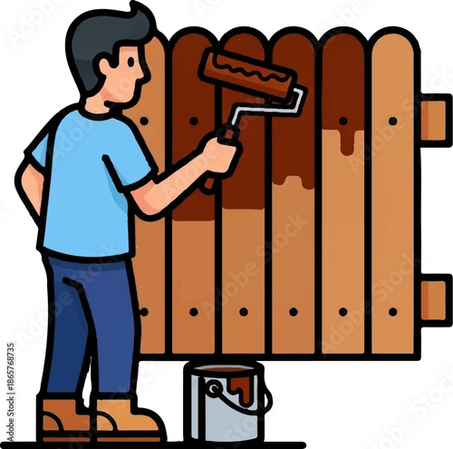 Person paints a wooden fence with a roller, bucket of paint nearby